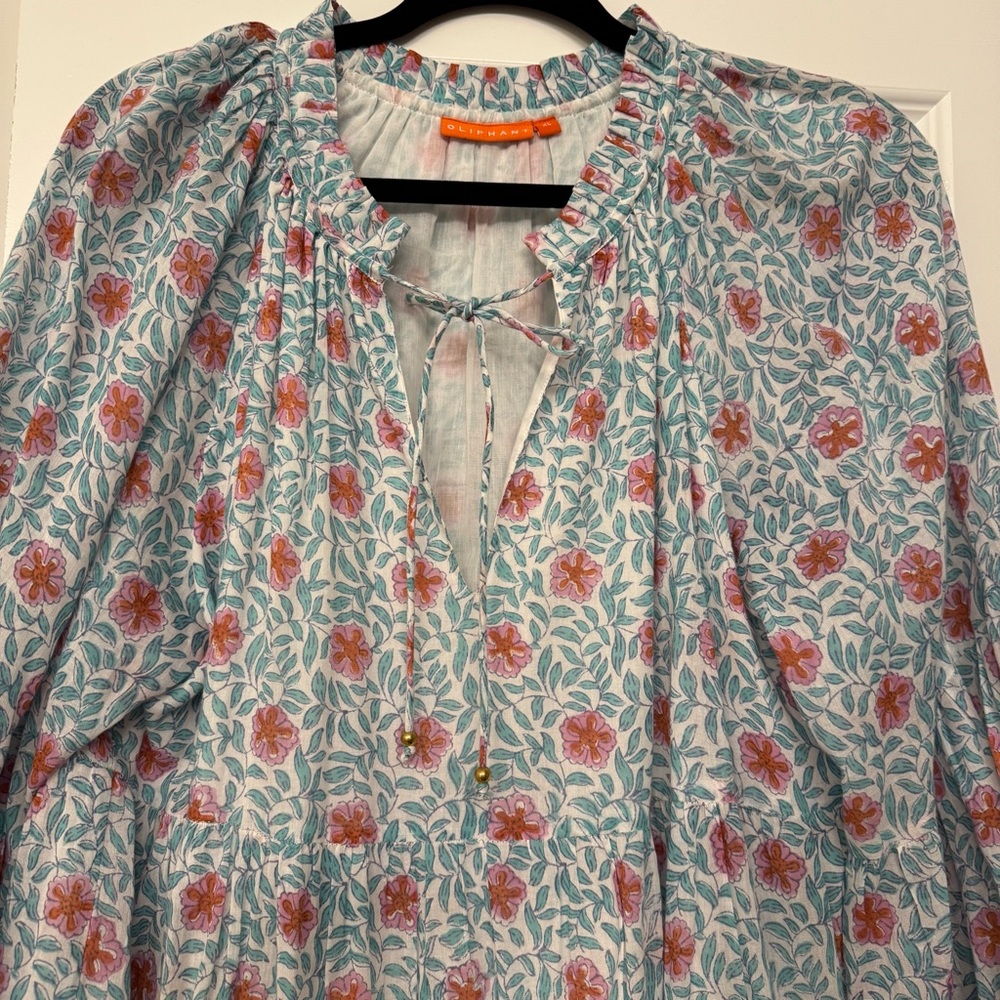 Oliphant Block Print Tiered Mini Dress Tunic Floral Blue Pink XL - Picture 4 of 6